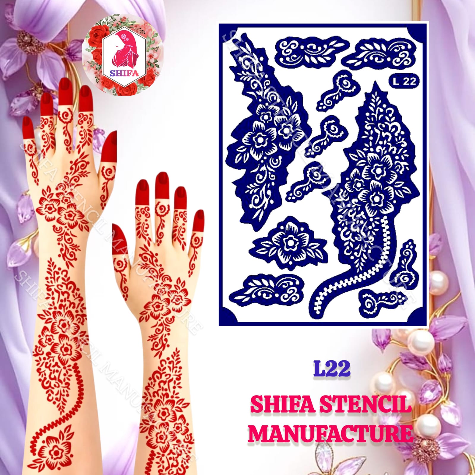 L22 Floral perfect Look Arabic Design Sticker Overview  Henna Stencil - Shifa Stencil